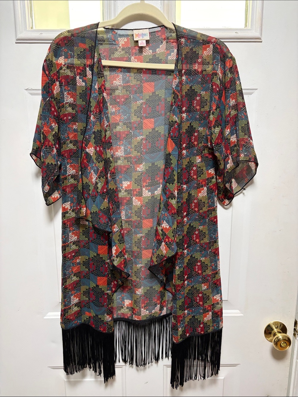 LuLaRoe Multicolor Sheer Fringe Kimono Cardigan